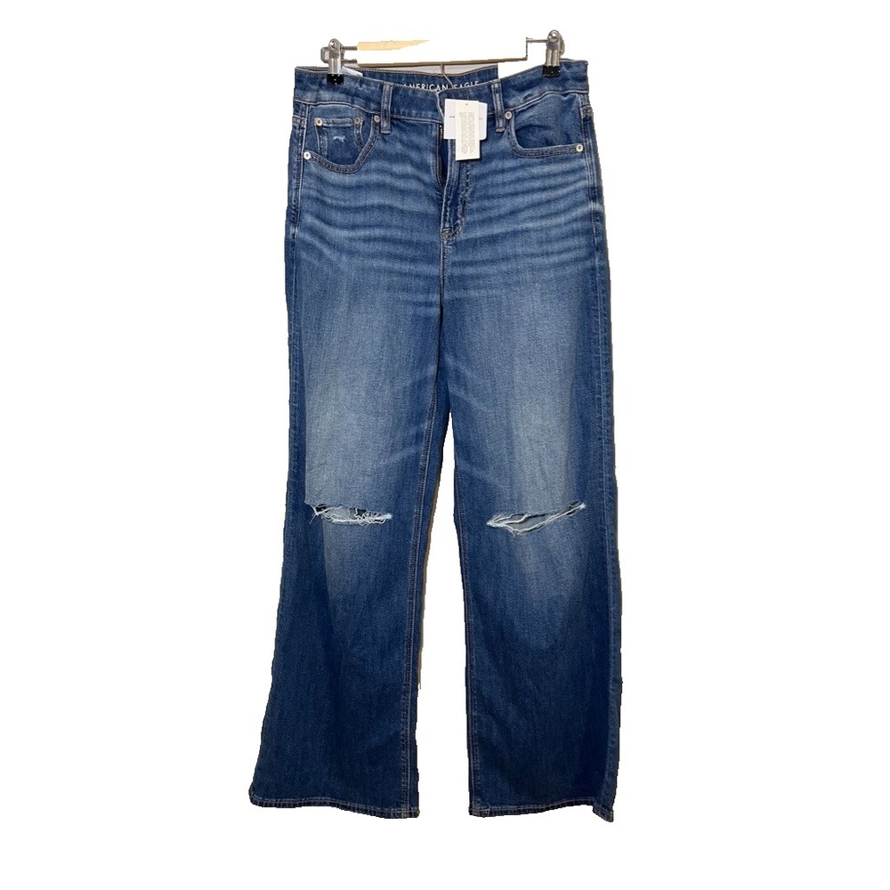 American Eagle High Rise Wide Leg Distressed Denim Jean 8 Western Classic Grunge